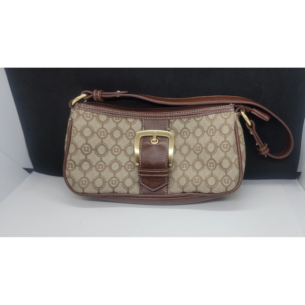 Necessary Objects Fabric Purse Brown Leather Accents And Strap Gold Hardware